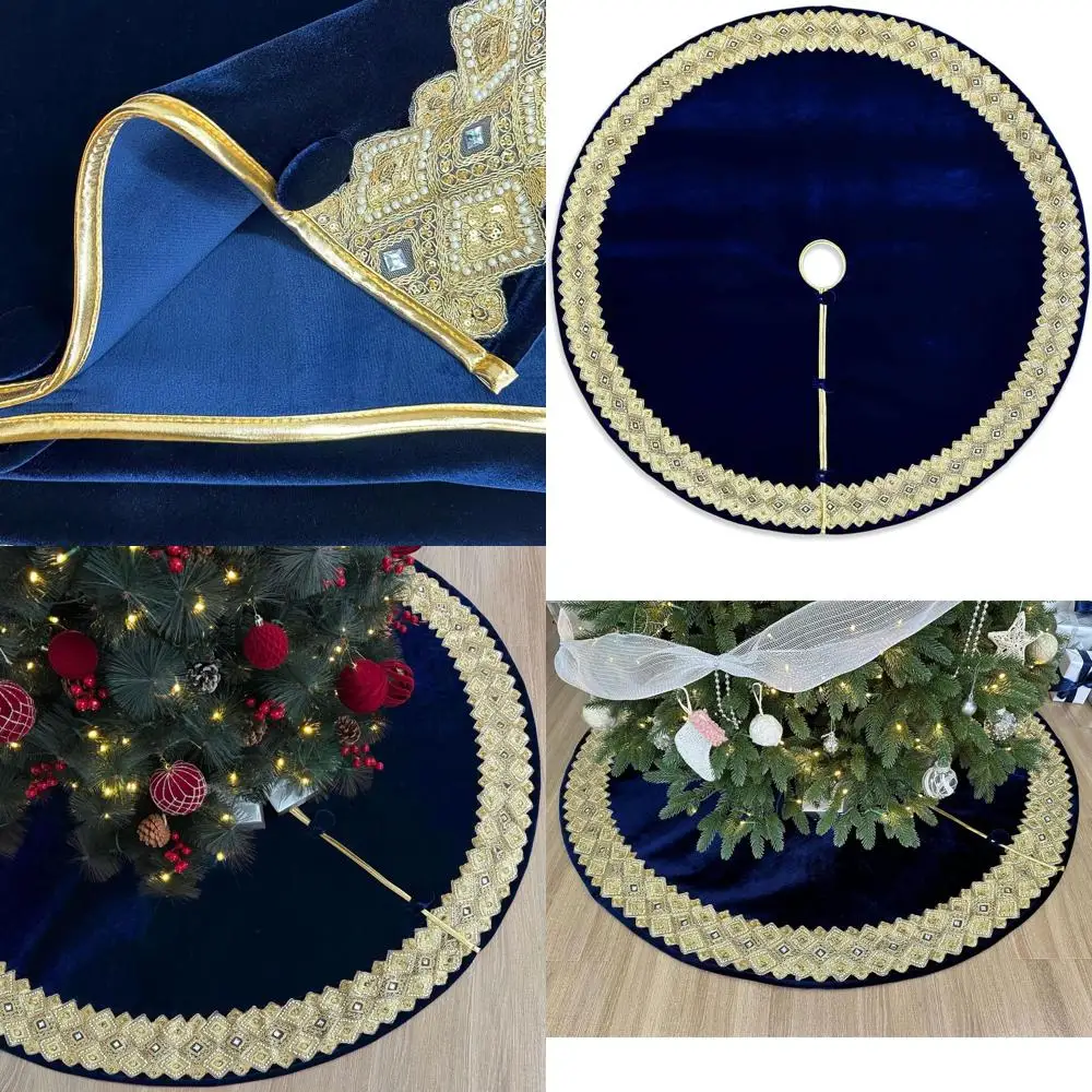 

Royal Blue 60 Christmas Tree Skirt with Gold Trim, Velvet Venetian Style, Foam Padded, Button Fastening