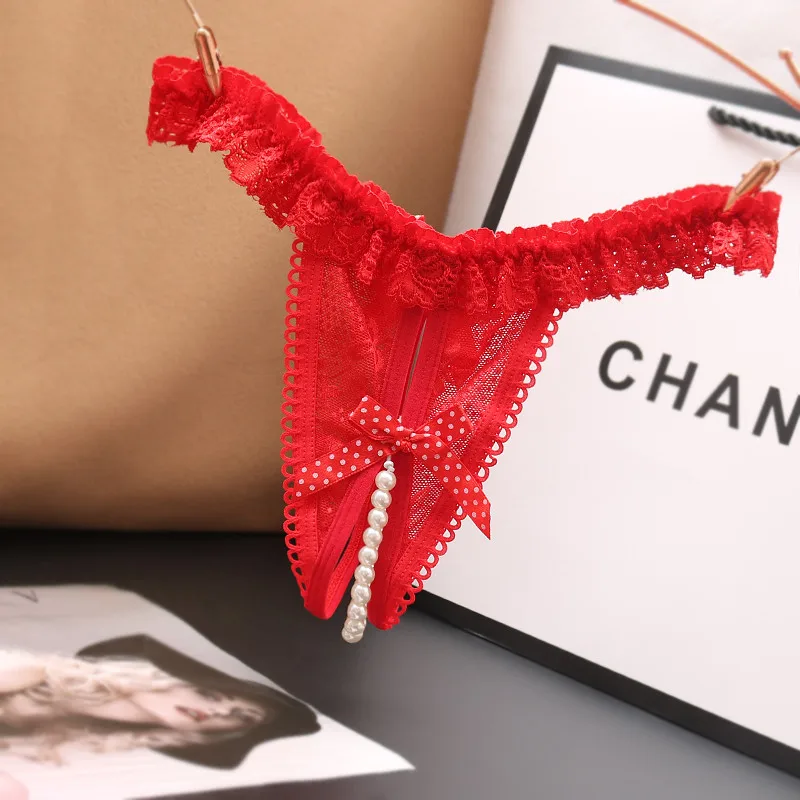 Pakaian Dalam Wanita Seksi Model G-String Berlubang dengan Hiasan Mutiara dan Pita, Celana Dalam Thong Warna Solid Pinggang Rendah, Pakaian Dalam Menggoda 2025