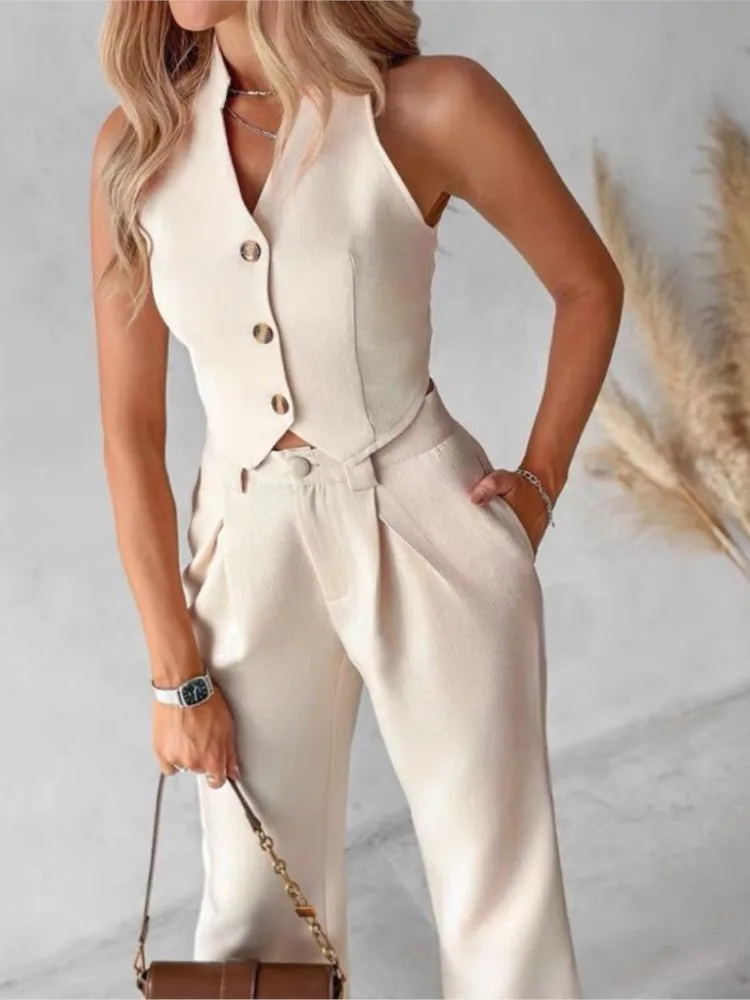 Fashion Two Piece Sets For Women Summer Buttoned Vest Top Pocket High Waist Wide Straight Leg Pants Women Set Streetwear Clothes