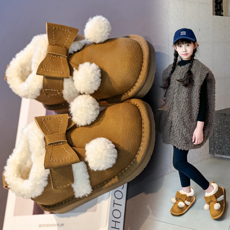 الأطفال طفل الثلوج الأحذية 2-16 سنة الأصفر القوس شعري الفتيات أحذية قطنية بني داكن مائة المضادة للانزلاق الاطفال أحذية بوت قصيرة #4