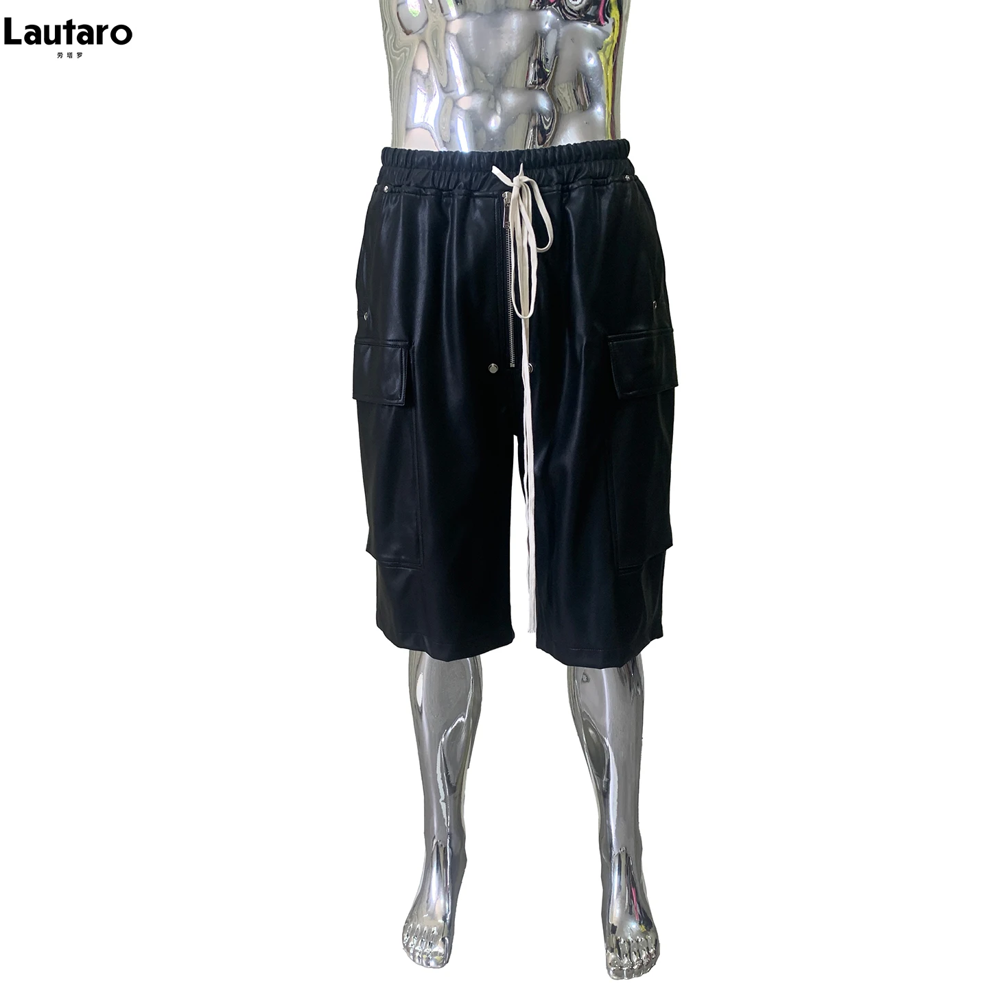 Lautaro Summer AutumnSoft Black Pu Leather Cargo Shorts for Men Elastic Waist Drawstring High Quality European Menswear Clothes
