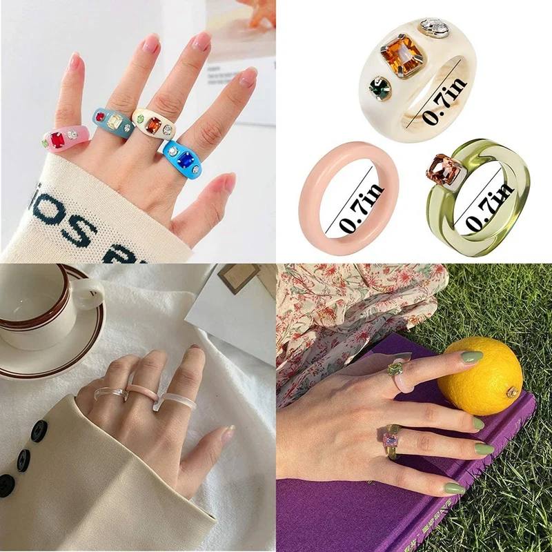 15 Pcs Resin Rings Acrylic Cute Trendy Rings Colorful Rhinestone Rings Jewelry Plastic Square Gem Stackable Chunky Ring