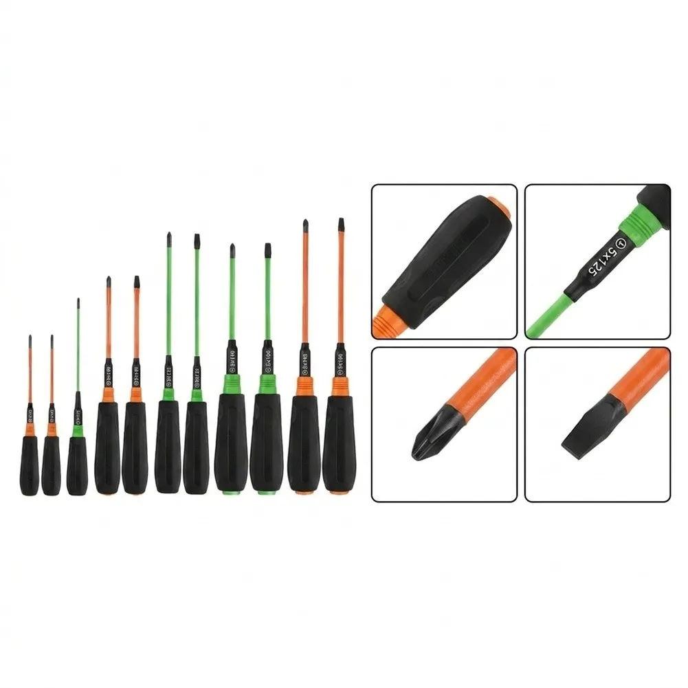 Demolition-Oriented 12pc Screwdriver Set Made from For S2 Steel Magnetic Slotted For cross Tips and Ergonomic Triangular Handle