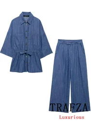 TRAFZA Vintage Casual Chic Women Suit Solid Denim Bow Single Breasted Blouse Loose Straight Pants Fashion 2024 Autumn Suits