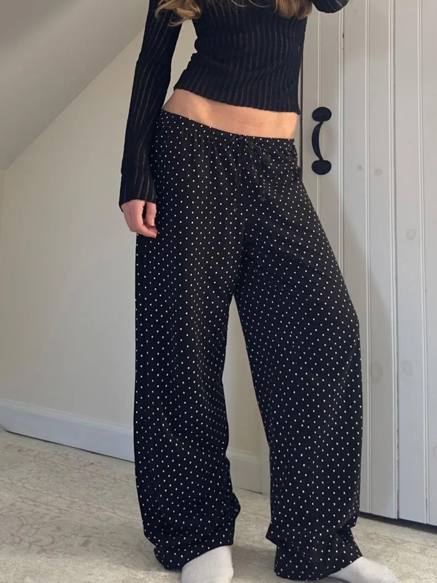 กางเกงขายาวทรงตรงลายจุดสไตล์ Y2K เอวต่ำ รูดเชือกผูกเอว สำหรับผู้หญิง แมทช์กับเสื้อผ้าได้หลากหลาย
