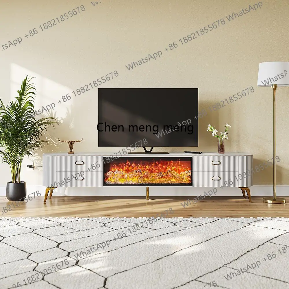 Light luxury white fireplace TV cabinet 3D simulation flame embedded decorative floor counter display cabinet