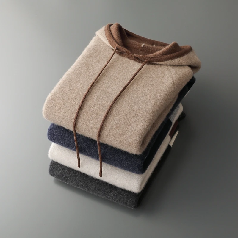 

Мужской 100% кашемировый свитер, пуловер с капюшоном, осень-зима, цветной воздушный слой, утепленный трикотаж, повседневная одежда с рукавами реглан