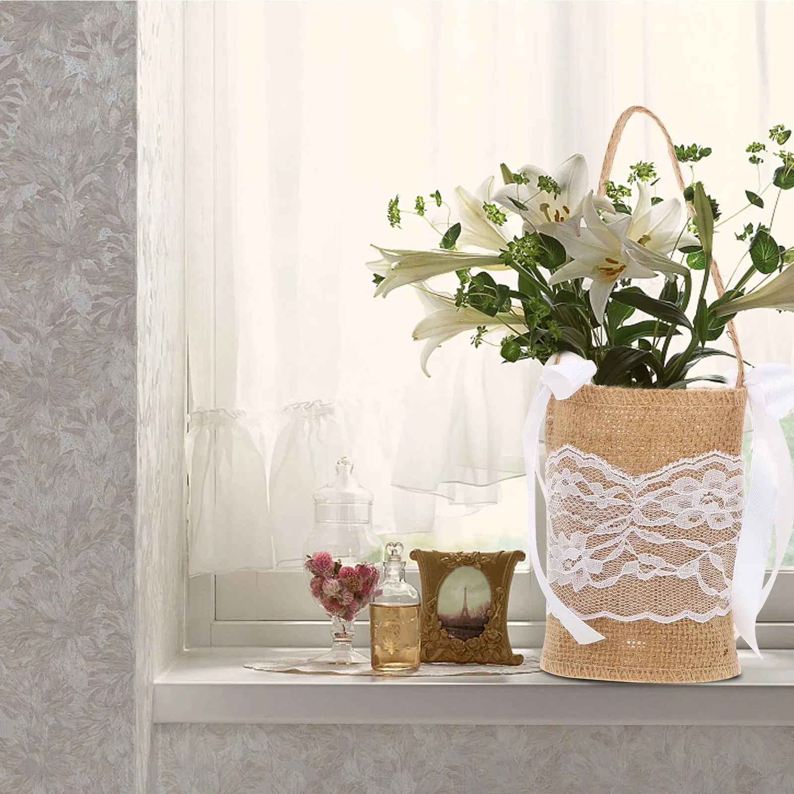 2 قطعة أكياس الكتان الزفاف سلة التخزين الخيش الطبيعي القماش الزهرية الحلوى تخزين الديكور سلة هدايا الزفاف #5