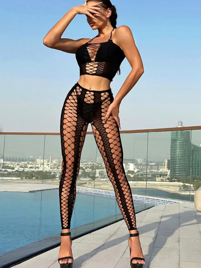 

Sexy Mesh Net Hollow Out Chest Wrap Long Stockings Semi-Transparent Sexy Fishnet Pants Sets For Nightclub Charming Elegant EGQ8
