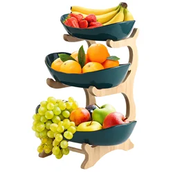 3 Tier Fruit Basket for Kitchen Plastic Fruit Bowl with Bamboo Wood Stand Easy Install 3 Tier Serving Stand Snack Dessert Cake