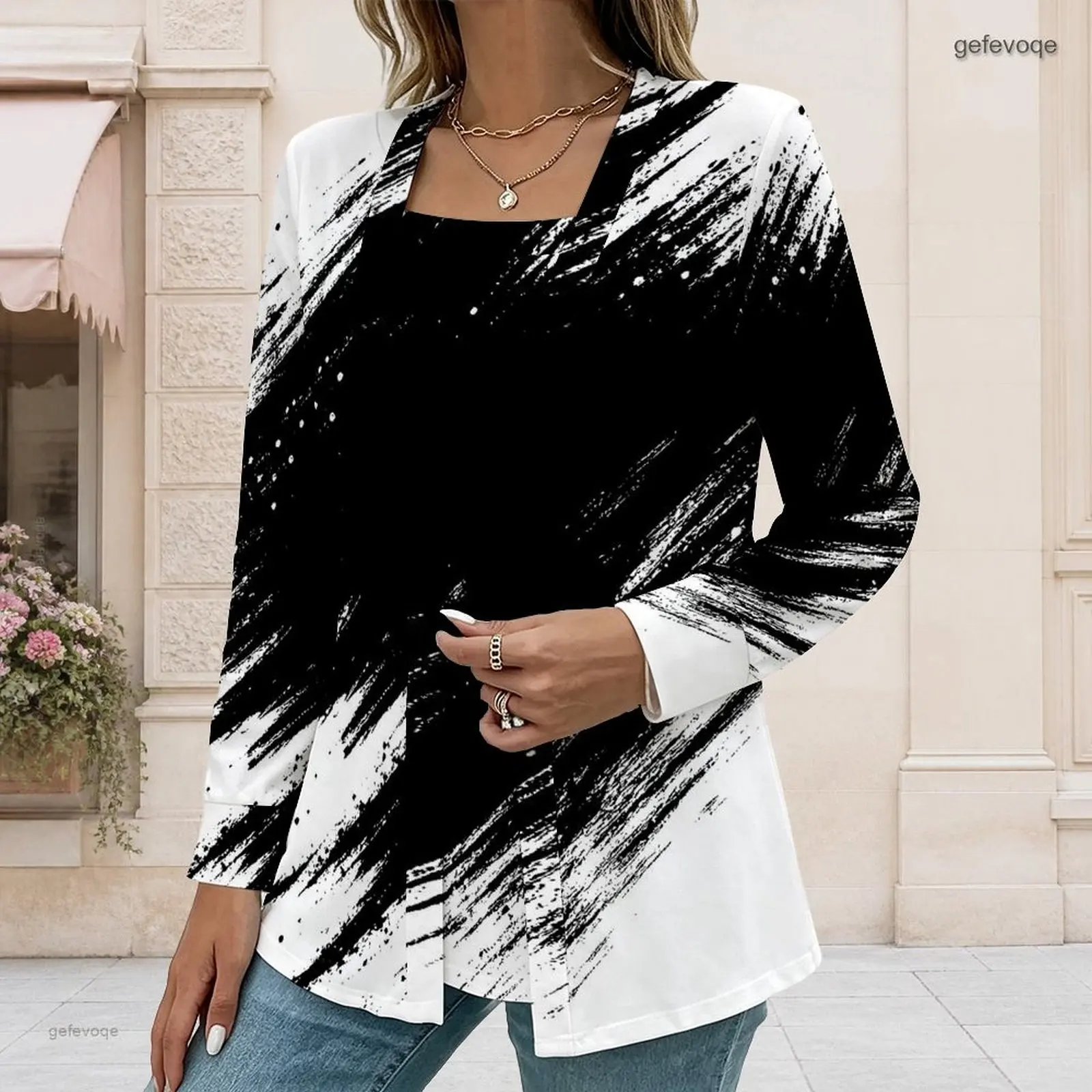 Women Top Set with Print Square Neck Inner Top Long Sleeve Open Front Outer Top Two Piece