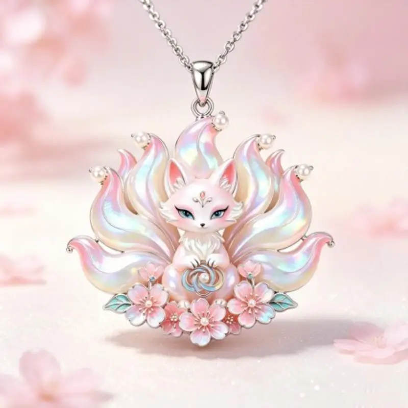 1Pcs Nine Tails Fox Cherry Blossom Pendant Necklace New Chinese Style Sweet Elegant Jewelry for Women Wedding Guest Accessory