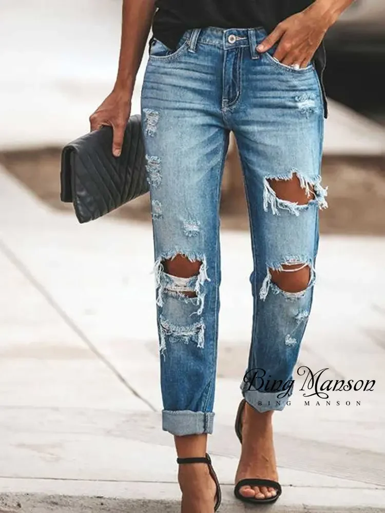 

Women's Temperament Jeans 2023 Summer New Hole Sexy Pants Straight Pants Street Wear Women Jeans Mom Jeans