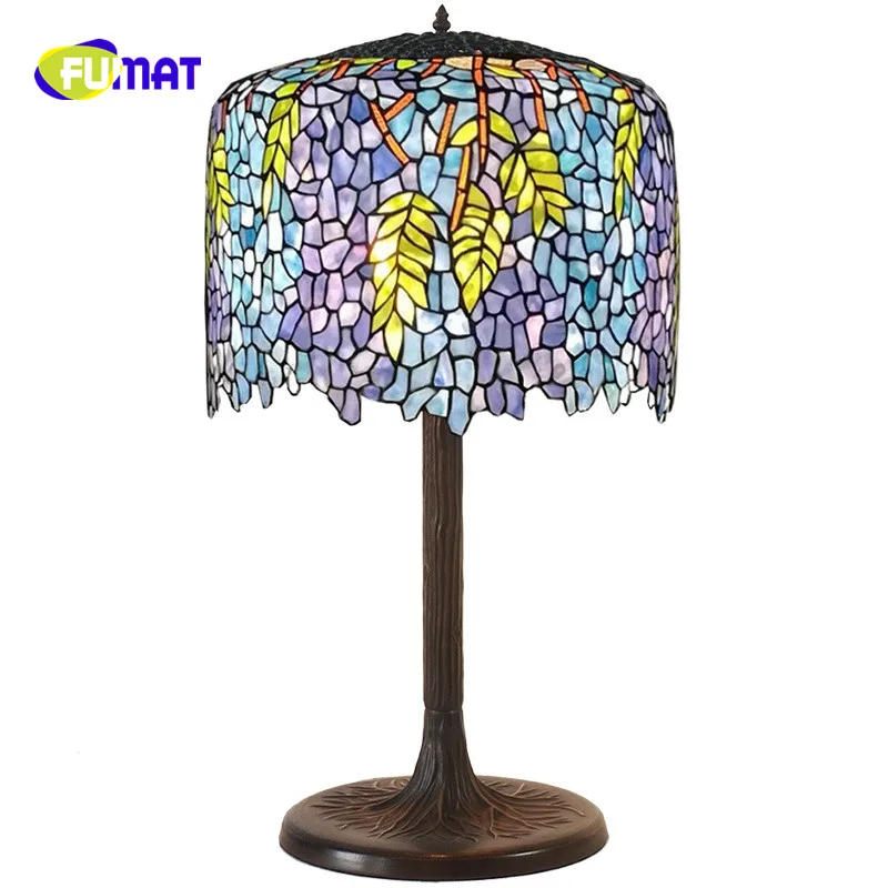 FUMAT Blue Mediterranean beautiful Wisteria Living room Table Lamp Tiffany Stained Glass Shade Creative atmosphere Study Lamp