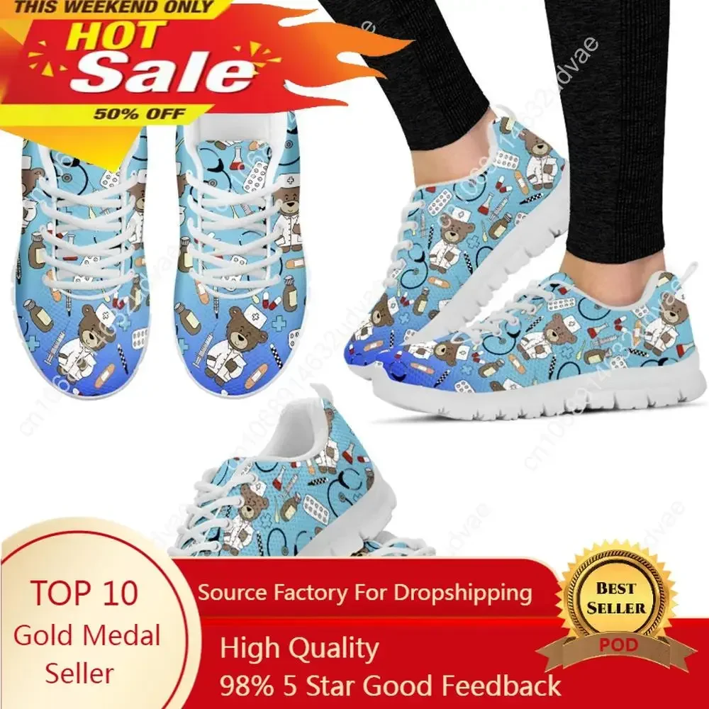 

Shoes 2021Autumn Flats Shoes Woman Cute Cartoon Nurse Bear Print Female Lace Up Sneakers Gradient Nursing Lady Footwear