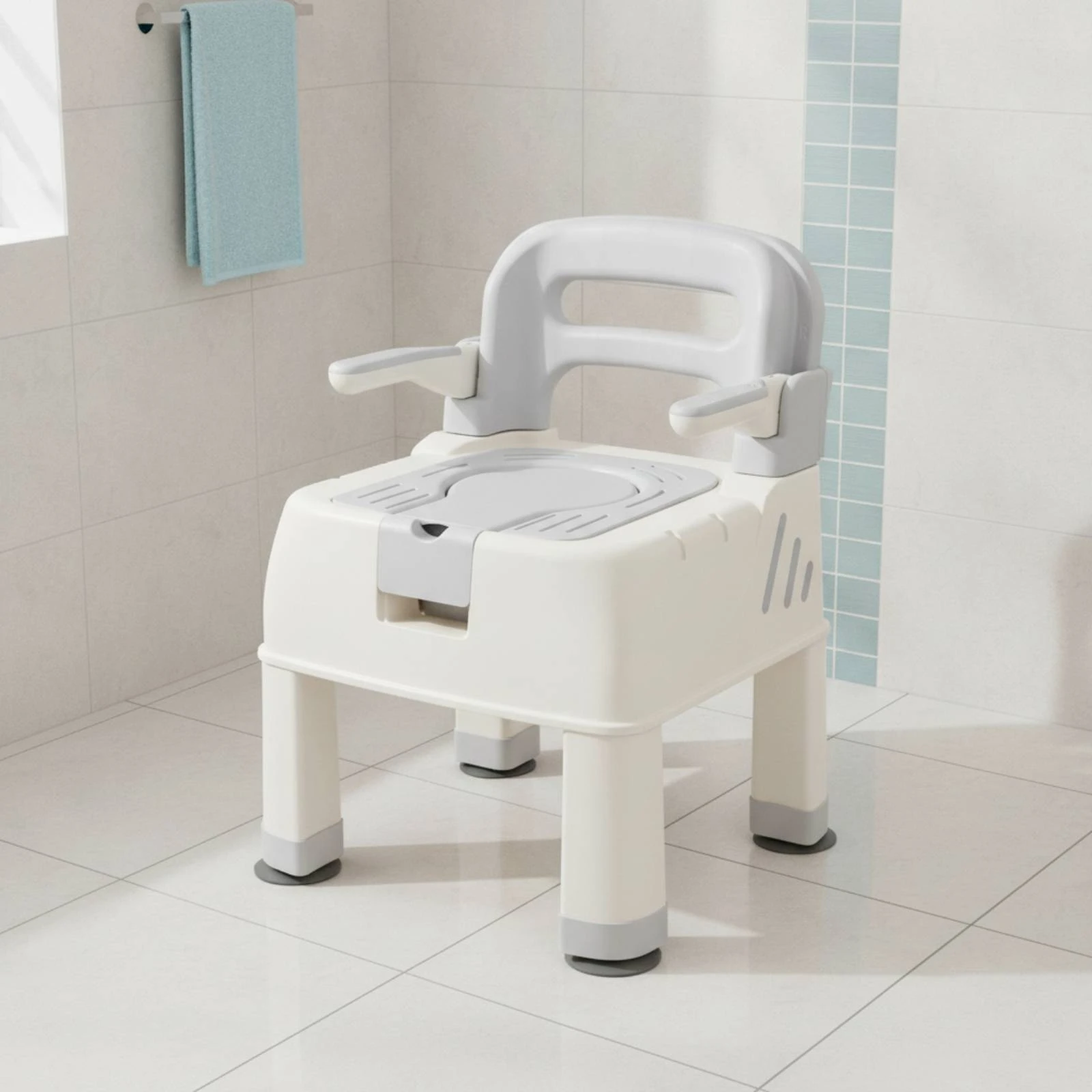 Commode Chair with Receptacle Anti-Skid Shower Commode Chair Bathroom Aid Supportive Stain-Resistant for Elderly, Home Care