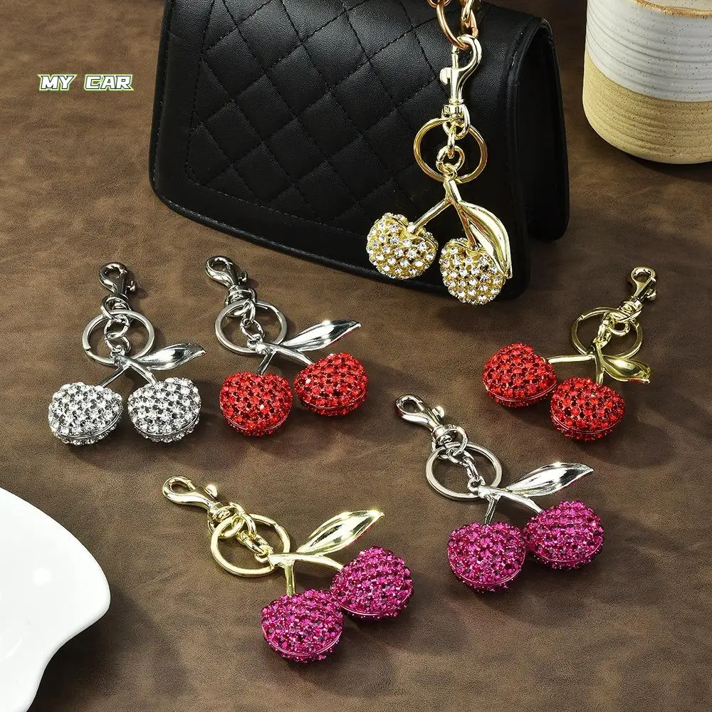 

Luxury Charms Exquisite Cherry Keychain Fruit Decoration Rhinestones Cherry Pendants Ornaments Sweet Car Key Ring Gifts