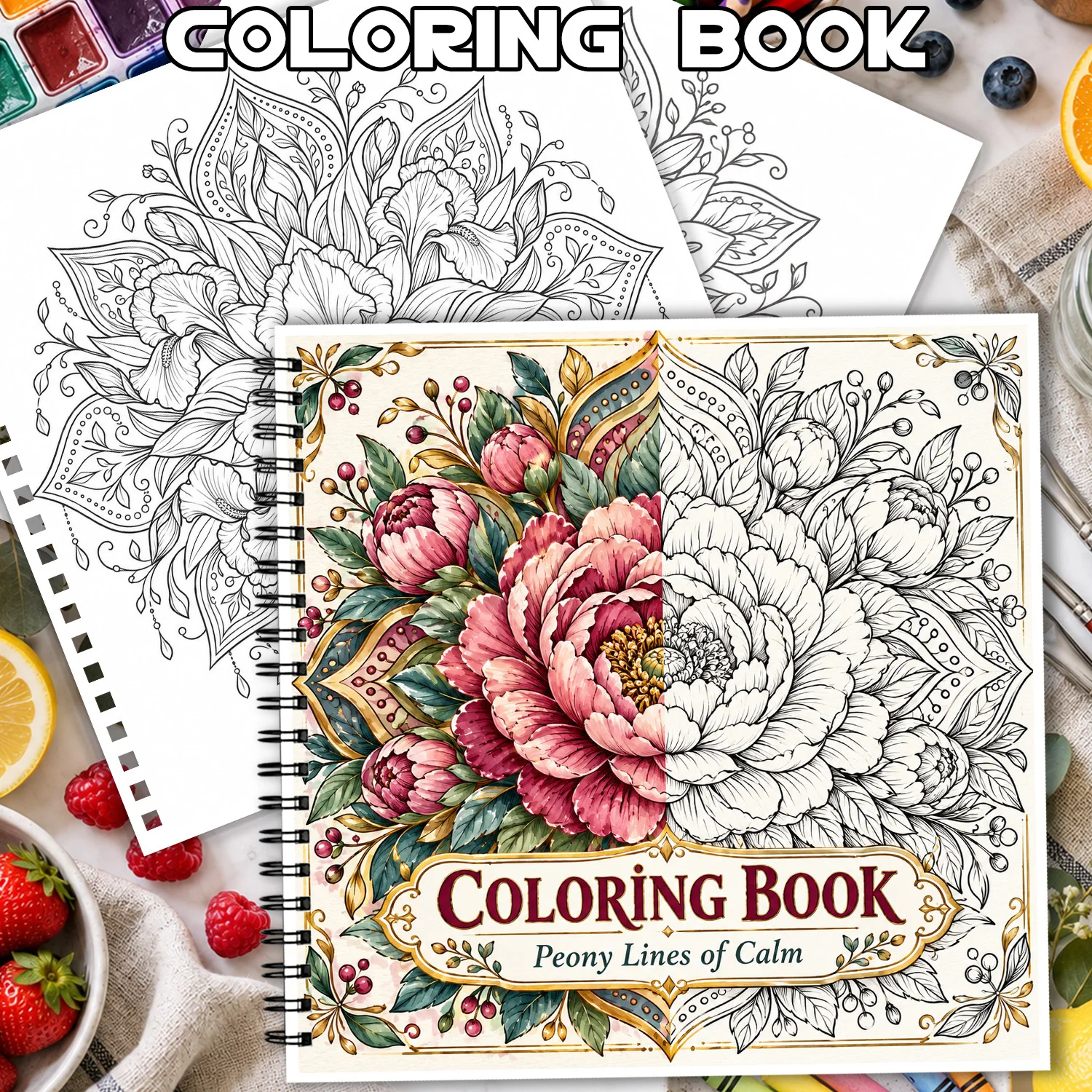 Spiral Binding Coloring Book Peony Lines of Calm Floral Design for Adults Teens showcasing creativity relieving stress 24 Pages