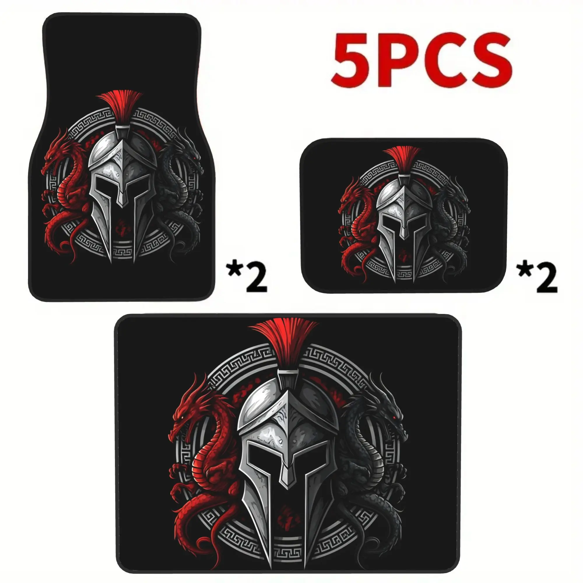 5pcs Spartan Helmet & Dragon Emblem Universal Car Floor Mat Set | Includes Trunk Mat (4 Floor Mats + 1 Trunk Mat). Stylish Inter