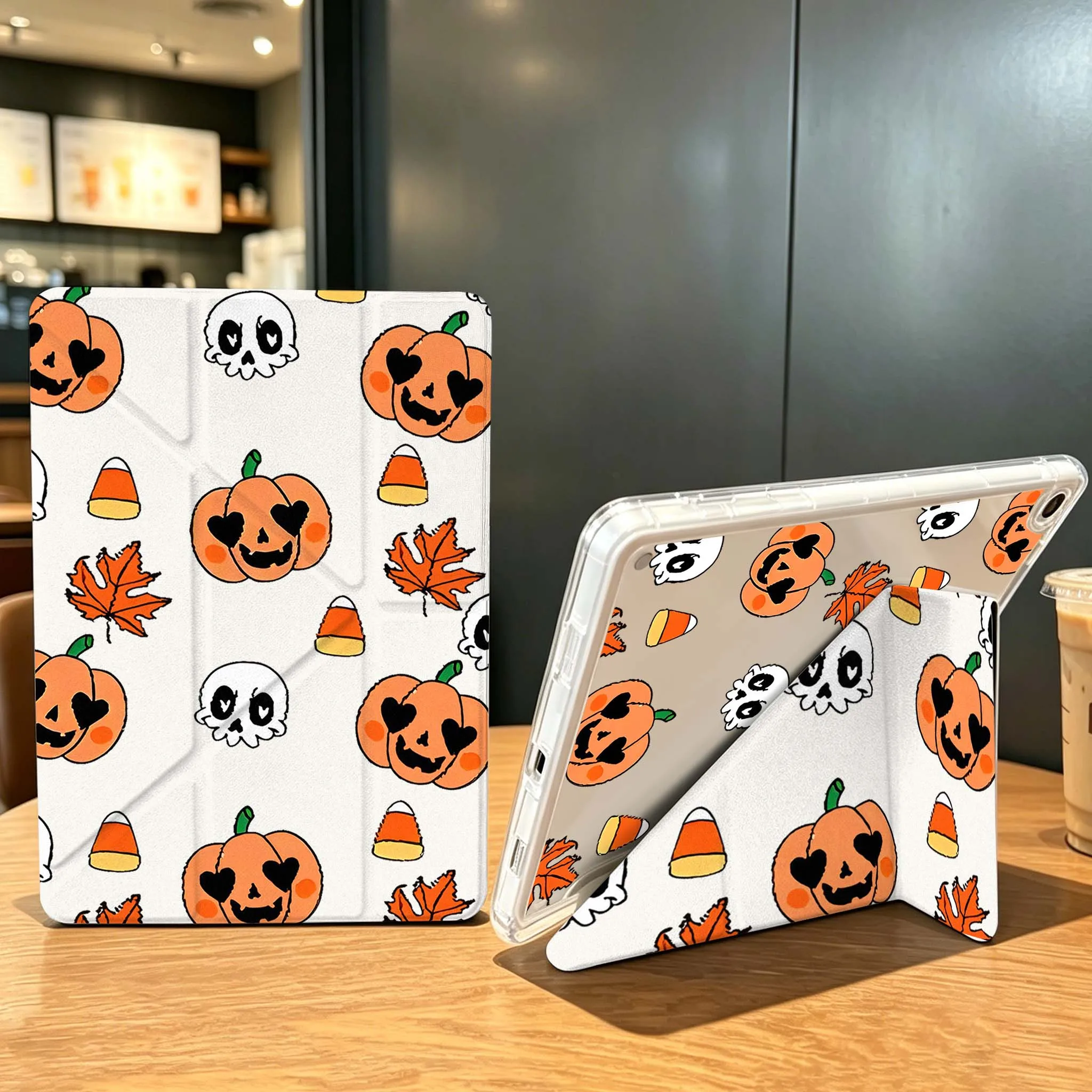 Halloween Pumpkin Pattern For Samsung Galaxy Tab A9 A8 A11 S6 S7 S8 S9 S10 FE Plus Lite Transparent Y-Shaped Folding Tablet Case