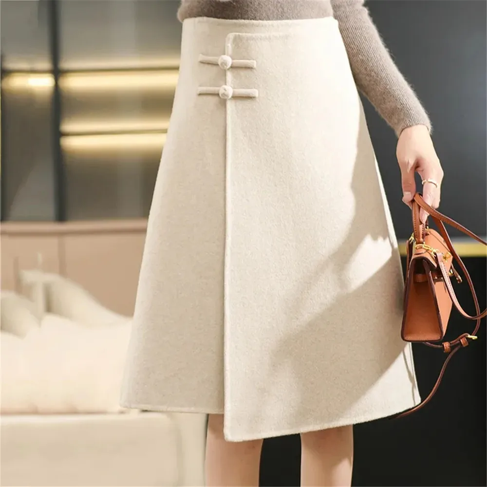 Winter Woolen Midi Irregular Split Skirt Red Elegant High Waisted Buckle Basic Wool Skirts Female Casual Thick Warm A-Line Skirt