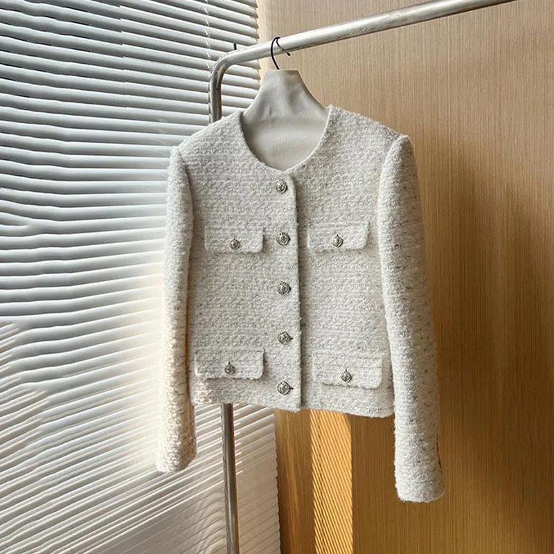 Spring Women Elgant Work Office Lady Jacket Chic Female Tweed Basic Jacket Coat Women O Neck Long Sleeve Woolen Short Outerwear