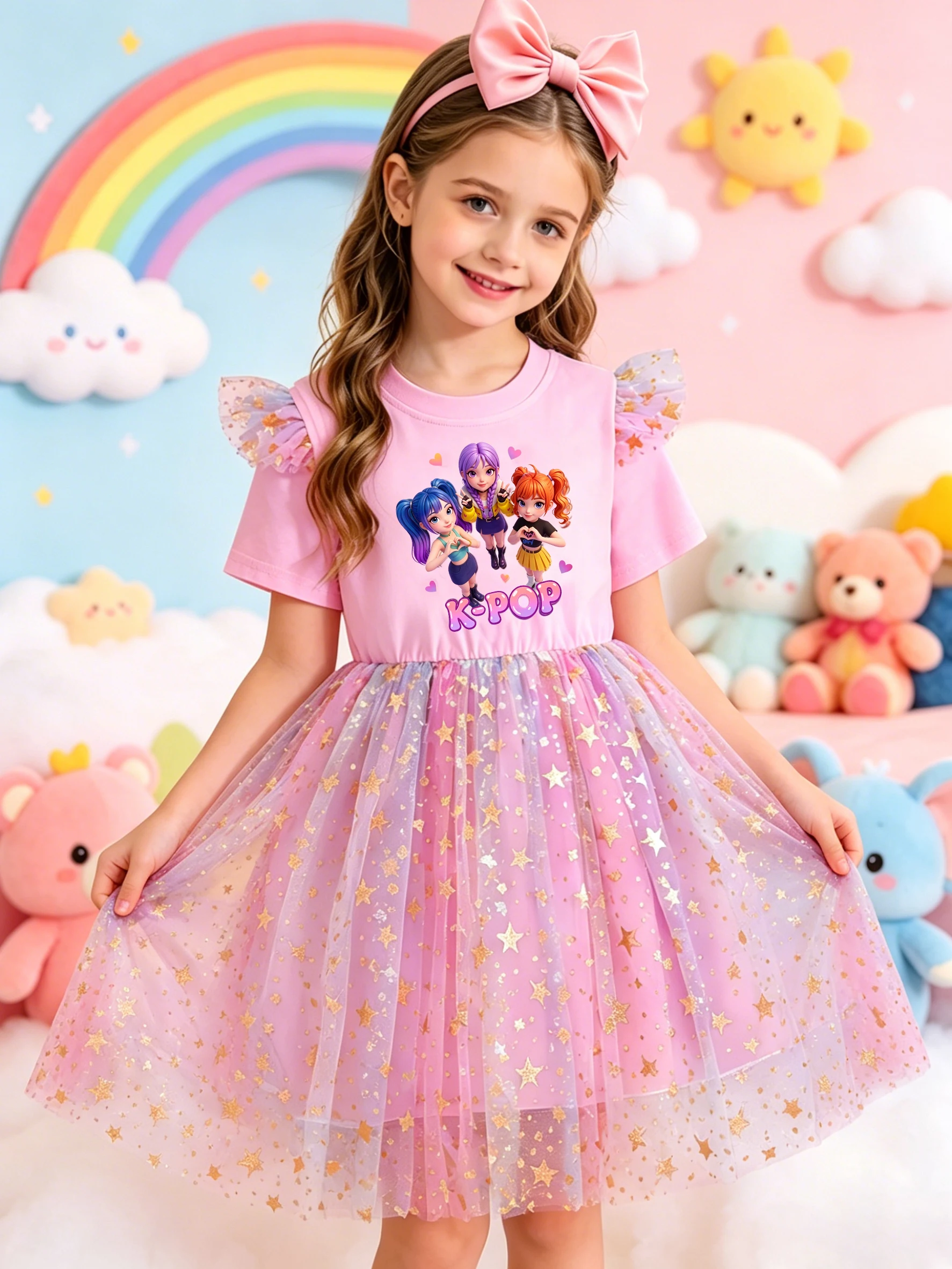 Mädchen-K-Pop-Kleid mit Cartoon-Idol-Print, Regenbogen-Farbverlauf, Pailletten-Mesh, Lässig Locker Sitzend, Trendige Kindermode – Detail 3