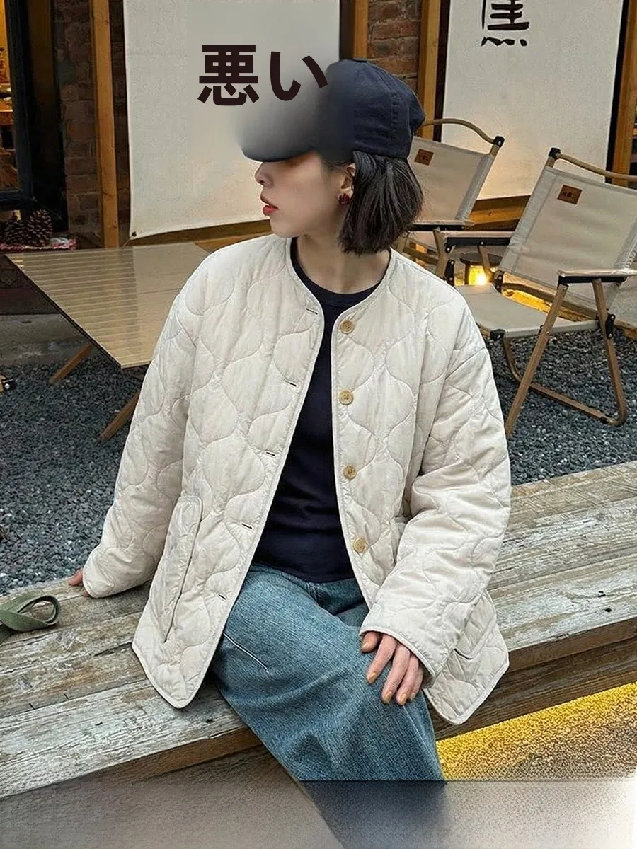 

Lightweight Warm Cotton Jacket round Neck Loose Outerwear Beige Diamond Stitching New Arrival Early Spring Women's Fashion