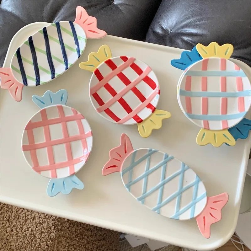 

Korean Style Color Blocking Underglaze Ceramic Plates Irregular Oval Dessert Plate Household High-value Fruit Salad Plate