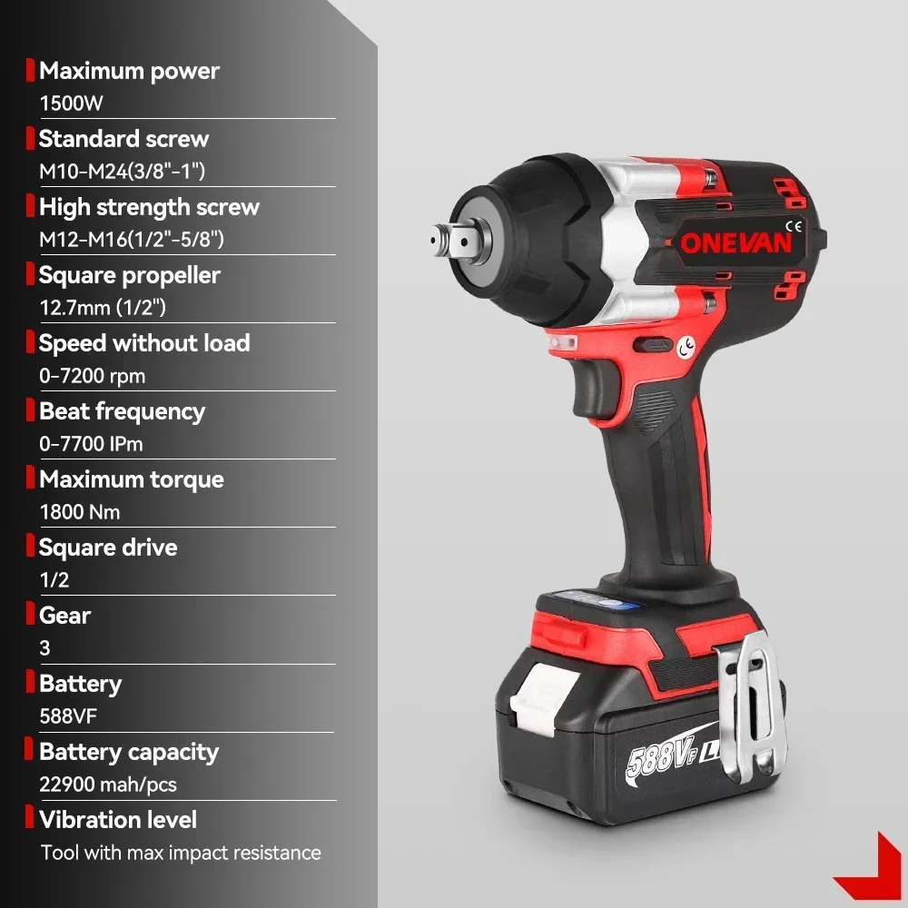 ONEVAN 1800 N.M Torque Brushless Electric Impact Wrench Cordless Wrench 1/2 inch for Makita 18V Battery Screwdriver Power Tools