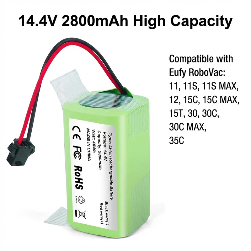 PURFIELD 4S1P 14.4V 2800mAh Li-ion Battery for Conga 990 1090, Ecovacs Deebot N79S DN622, Eufy Robovac 11S 12 35C Vacuum Cleaner