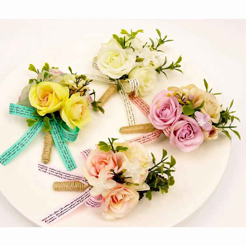 Kunstmatige Bloemen Knoopsgat Bruiloft Bruidegom Boutonniere Corsage Armband Bruidsmeisje Zijden Bloemen Broche Huwelijk Pins