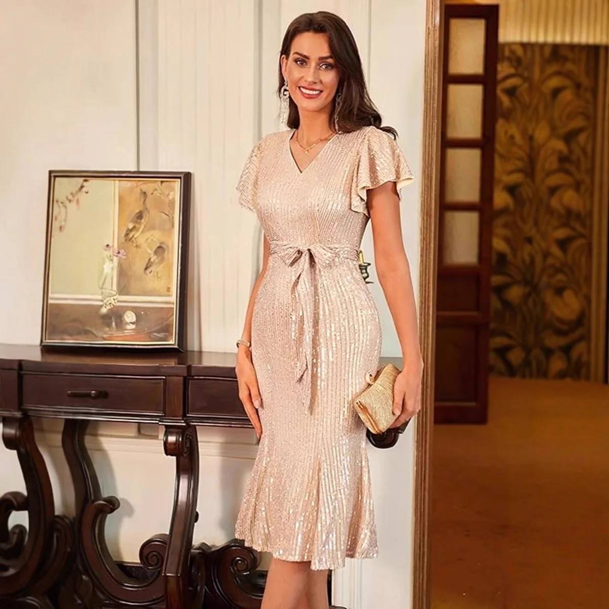 Vestido con cuentas y espalda descubierta para mujer, minifalda picante con lentejuelas y marco, superventas de verano 2025,