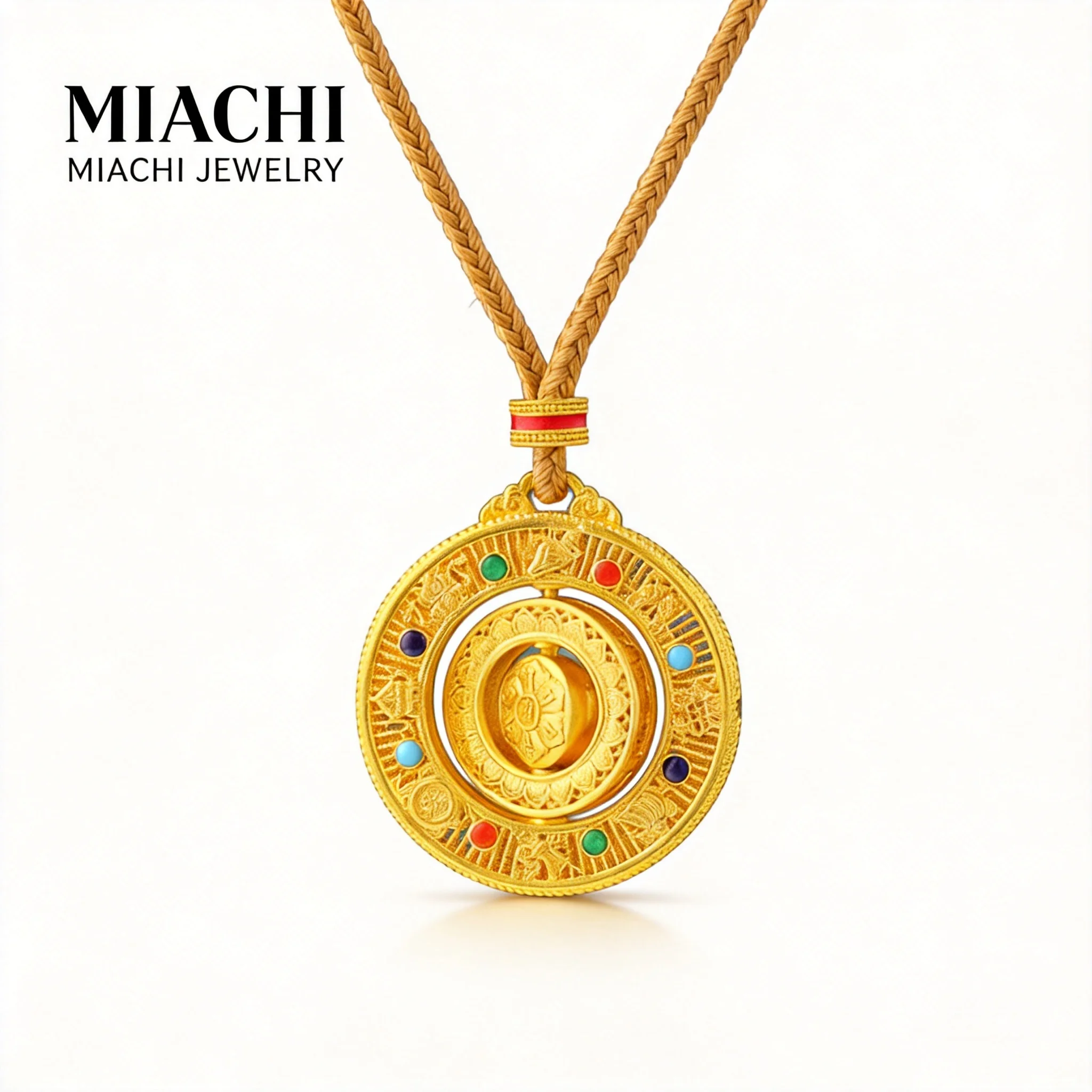 24k Gold Plated Fengshui Chinese 8 Treasures Compass Pendant Rotatable Six Syllable Mantra Filigree Hollow Lucky Blessing Wealth