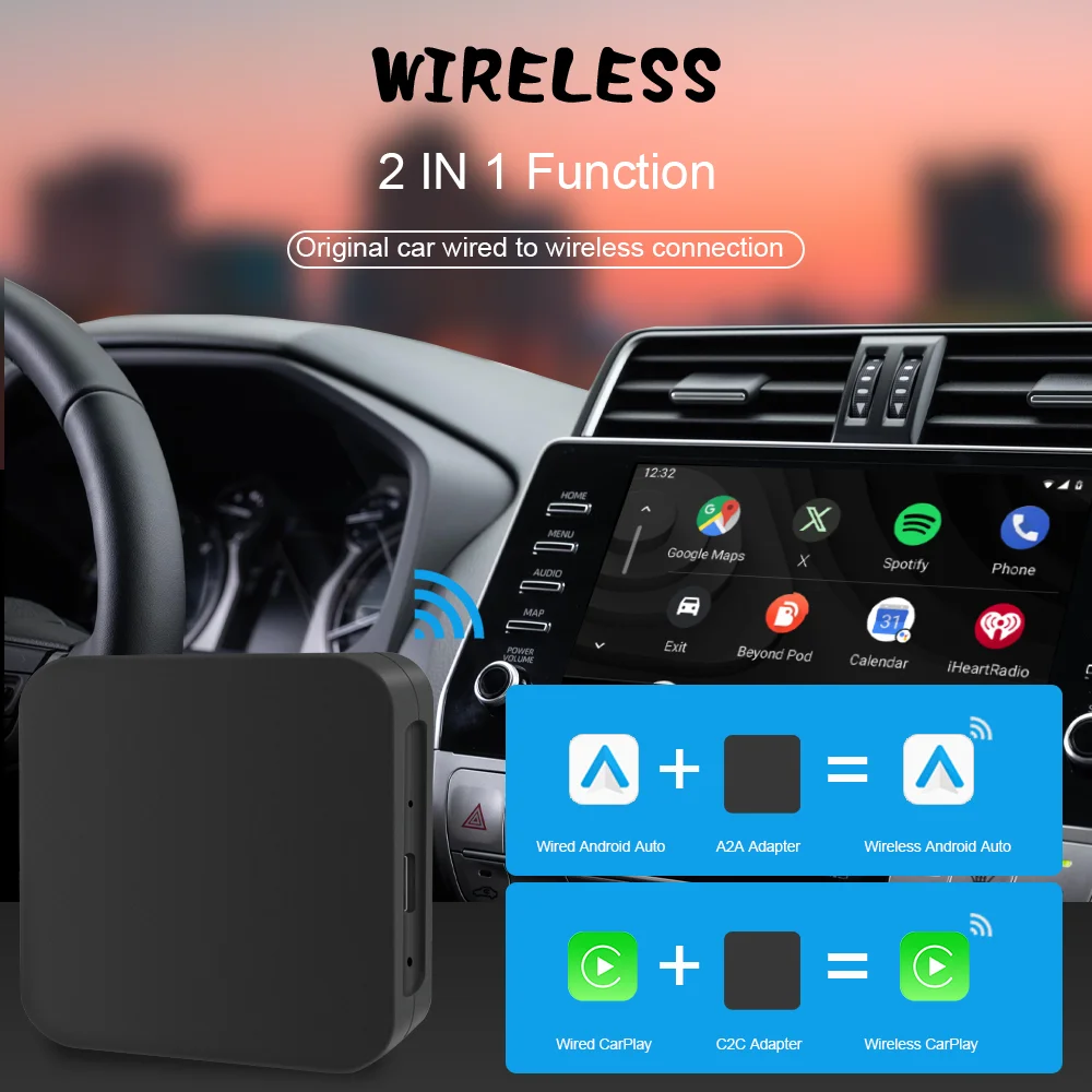 

Hang Jing CarPlay Android Auto Wireless Adapter Dongle 2 in 1 Plug And Play Bluetooth WiFi Auto Connect For Wired Car Play