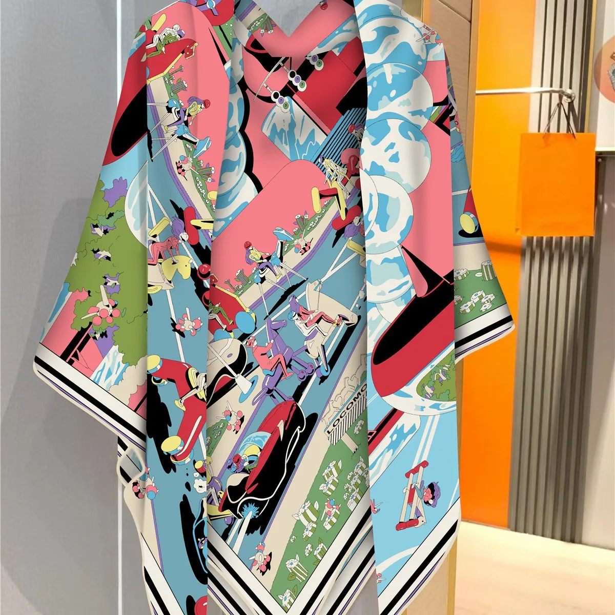 130Cm French New Surreal Hub Carriage Imitation Silk Wool Travel Shawl Thermal Scarf Large Square Scarf Scarf