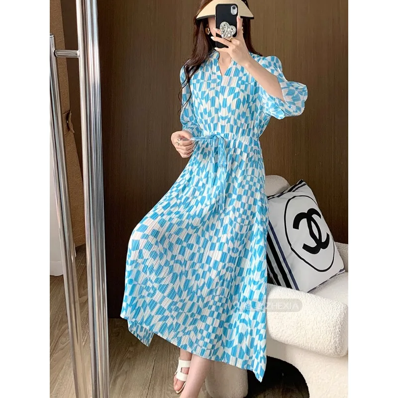 Miyake Pleated Dress for Women's Summer New High-end Printed V-neck Drawstring Elastic Waist Mid Sleeved Dress for Women