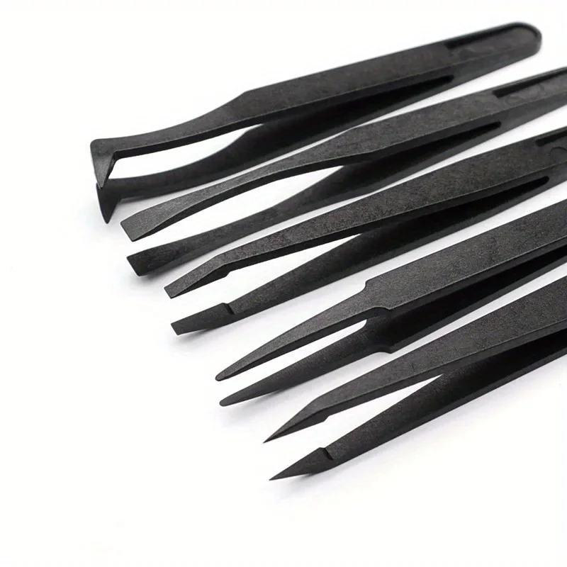 8pcs/set Portable Black Straight Bend Anti-static Plastic Tweezer Heat Resistant Repair Tool