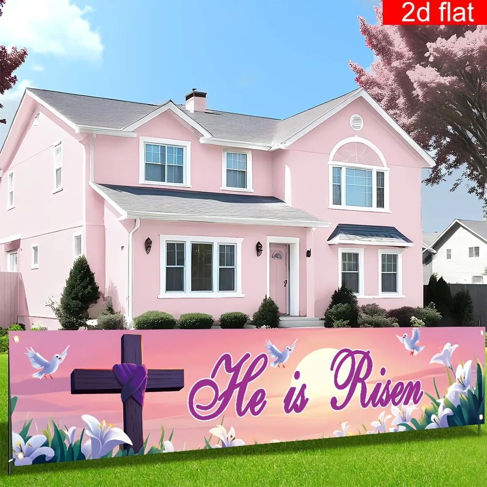 He Is Risen Happy Easter Cross Banner - Single Piece Large Rectangular Spring Cottage Indoor Outdoor Photo Booth Backdrop