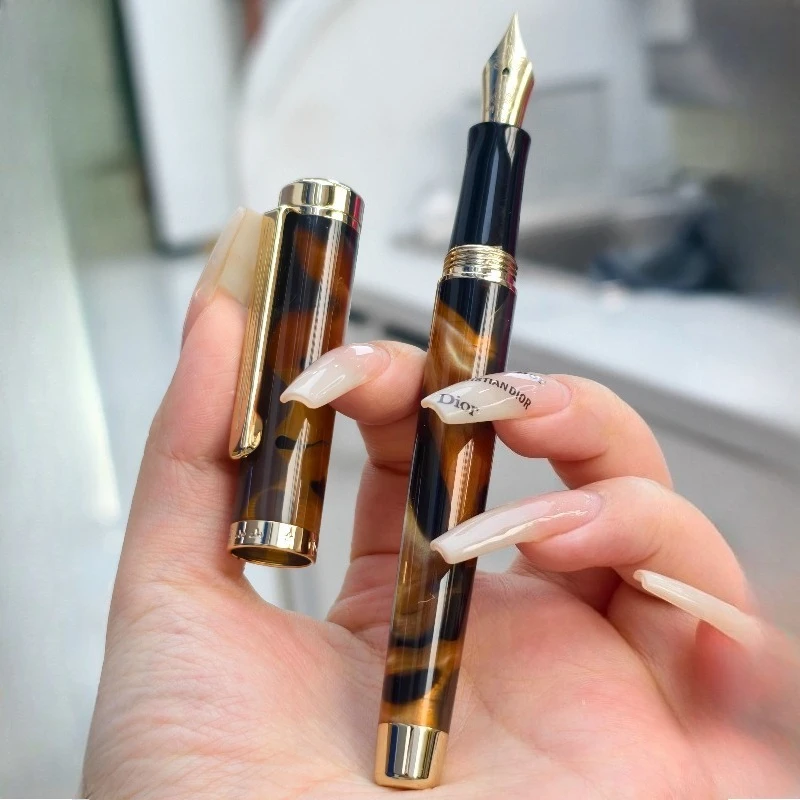 

HUXIAOSHAN Original Black Orange Resin Fountain Pens Golden/Silver EF F M 0.38 0.5 0.7MM Nib Calligraphy Pen School Student Pens