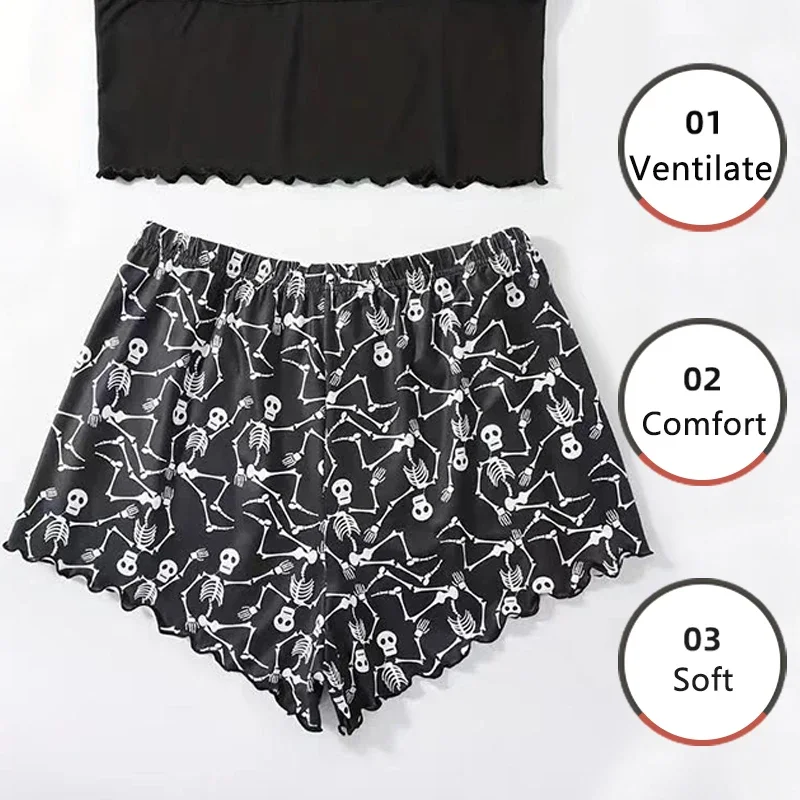 Women Sleepwear 2 PCS Pajama Set Short-Sleeved Tops and Shorts Suit Black Skull Print Ventilate Soft Comfort Loungewear