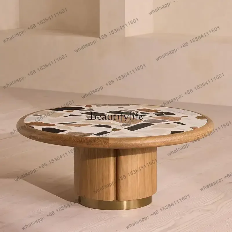 

jj4 Nordic high-end solid wood coffee table simple terrazzo round living room art tea table