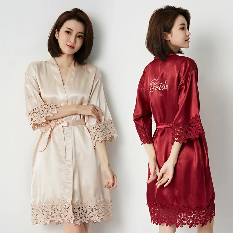 

Mother Bride Bridal Robe Women's Morning Robe Ladies Half Sleeve Lace Nightgown Wedding Makeup Bridesmaids Wedding Kimono Pijama