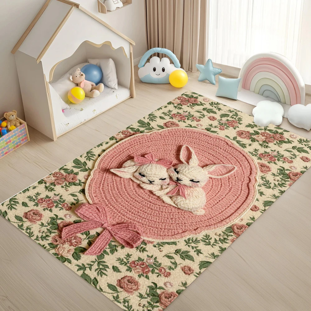 

Visual 3D Knitted Printed Carpet Rococo Vintage Bow Tie Carpet Easter Bedroom Living Room Home Decoration Rug