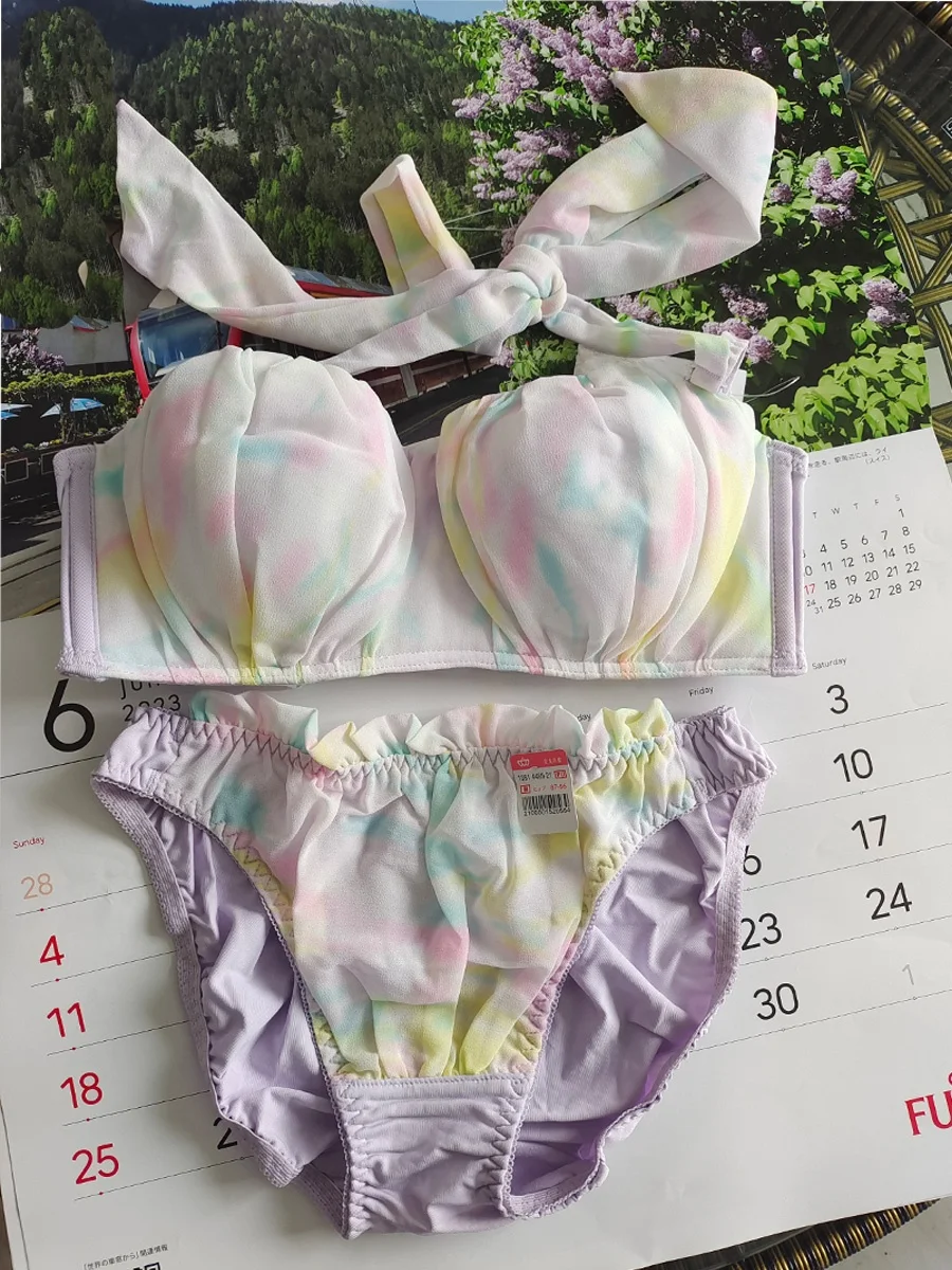 セクシーなギャザーハーフカップブラセット（女性用）ローウエスト花柄ポリエステル繊維u字型ショルダーストラップ取り外し可能な三角パンティー
