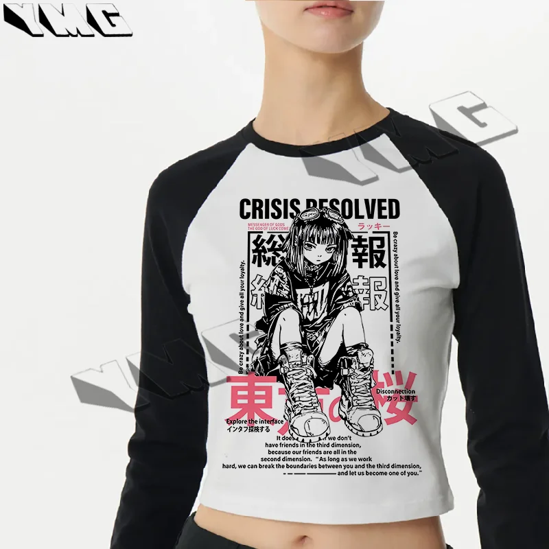 T-shirt a maniche lunghe autunno Harajuku modello stampato anime giapponese T-shirt slim fit moda casual T-shirt modello donna EMO