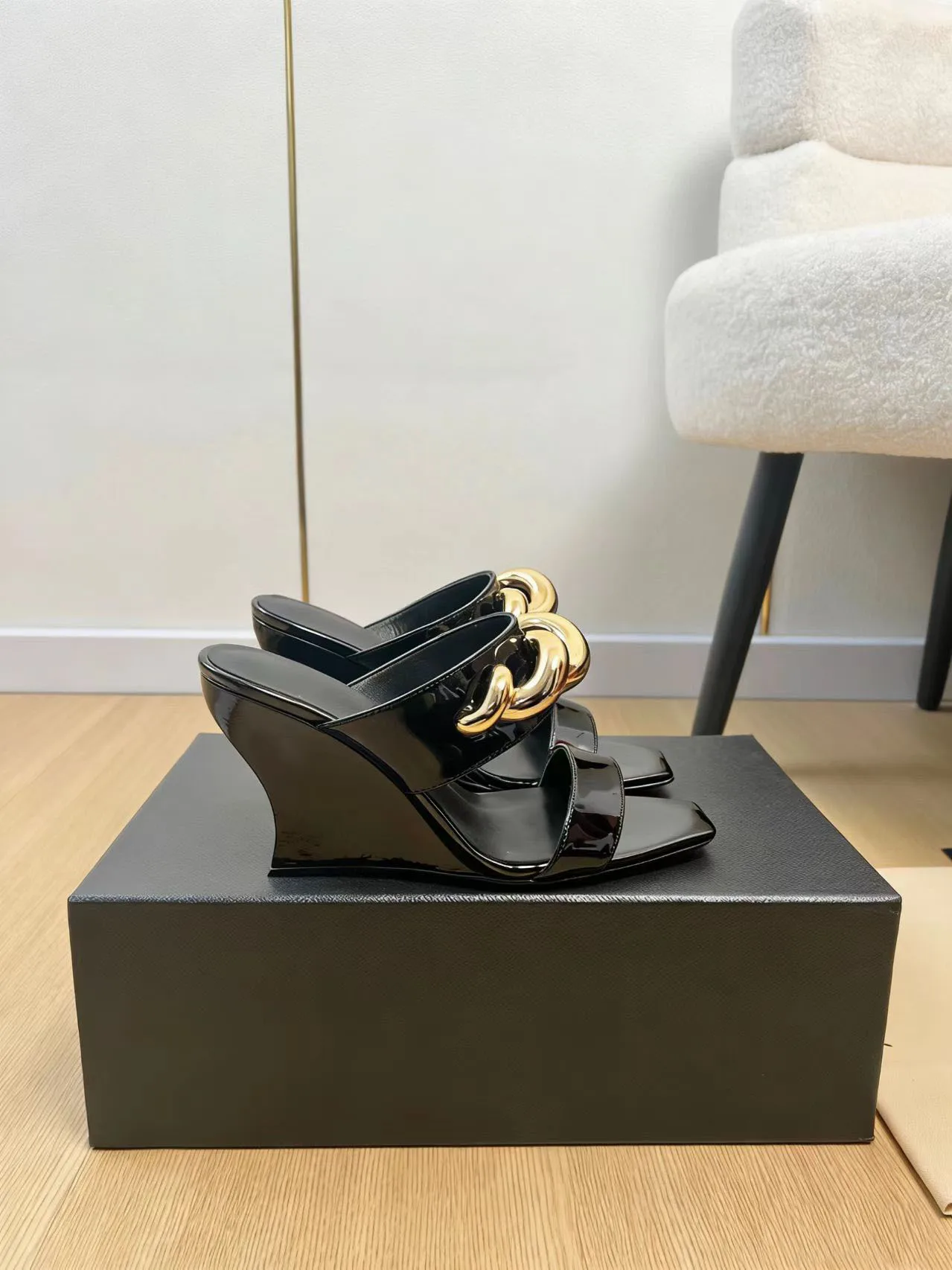 

Women 110 Suede Wedge Mules Gold-finish Chain Shoes