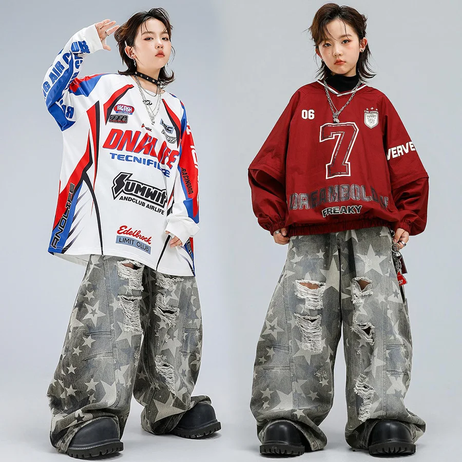 Children Boys Girls Streetwear Hip Hip Sport T-shirt Ripped Baggy Jeans Pant Sets Kids Tee Trousers Stage Show Clothes Costumes
