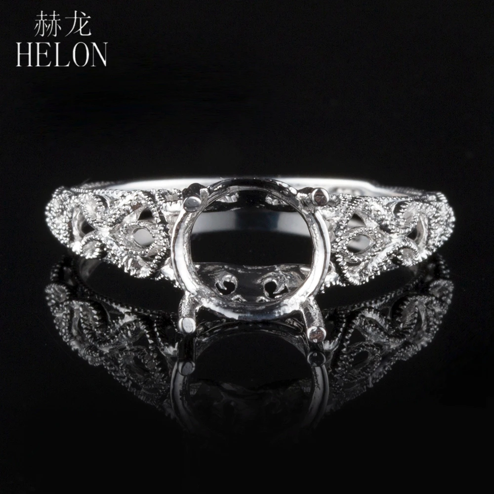 

HELON Sterling Silver 925 Vintage Ring 7.5-9mm Round Cut Semi Mount Fine Solitaire Wedding Ring Setting Women Jewelry