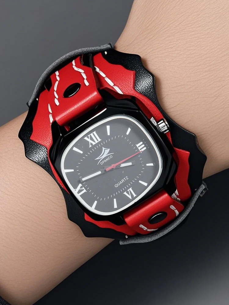 Montre à quartz pour hommes de style punk créatif - Cadran ovale bracelet en cuir de vachette multicouche fait à la main